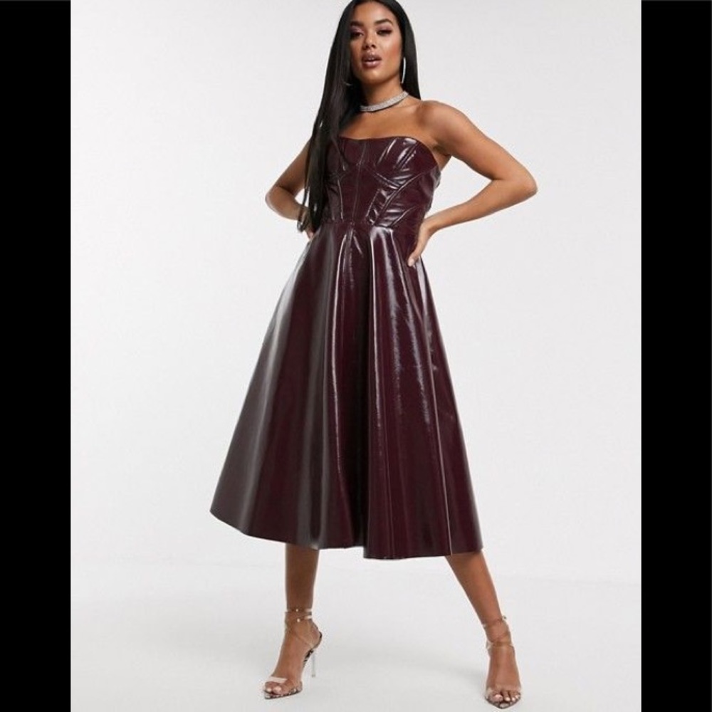 ASOS Strapless PU Midi Dress in Deep Burgundy